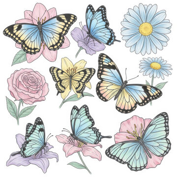 Colorful butterflies and flowers illustration set