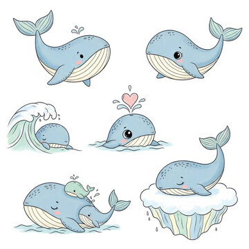Whale Illustrations with Various Cute Expressions and Scenes