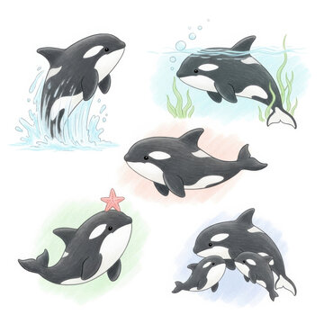 Whimsical illustrations of orcas in various underwater scenes