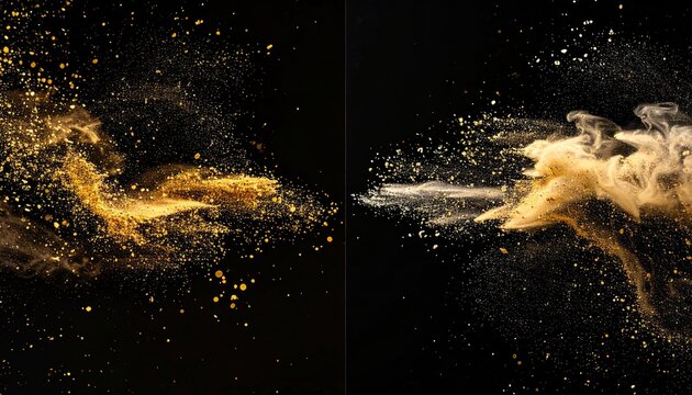 Golden & silver dust explodes against a dark backdrop, like light meeting shadow