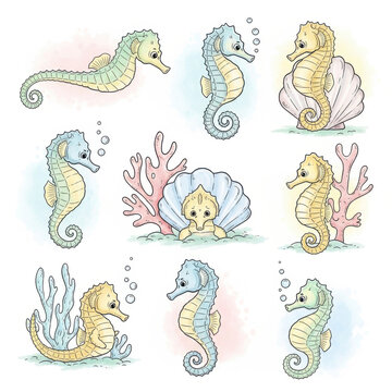 Seahorses in colorful coral reef illustration set
