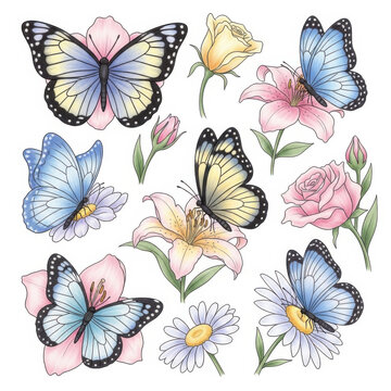 Colorful butterflies and flowers illustration set