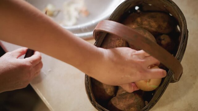 Basket of potatoes on counter, hand reaching to select tuber under soft morning light, rustic woven basket and textured skins, home cook preparing produce by sink for washing and peeling, earthy cozy