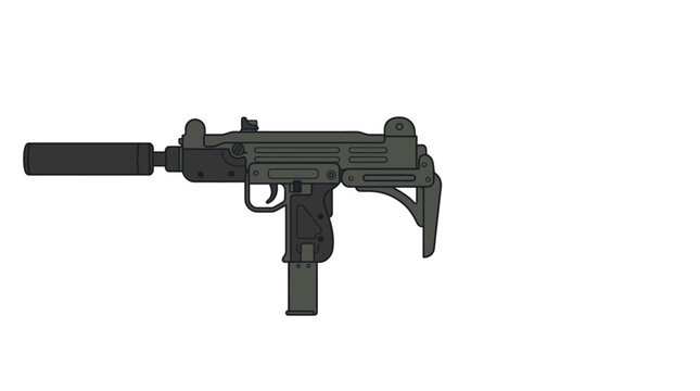 Micro Uzi Submachine Gun With Silencer Folded Stock Detailed Weapon Vector Illustration