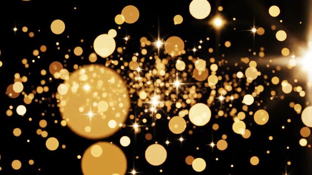 Golden bokeh lights on black background for commercial backgrounds, digital design, and advertising