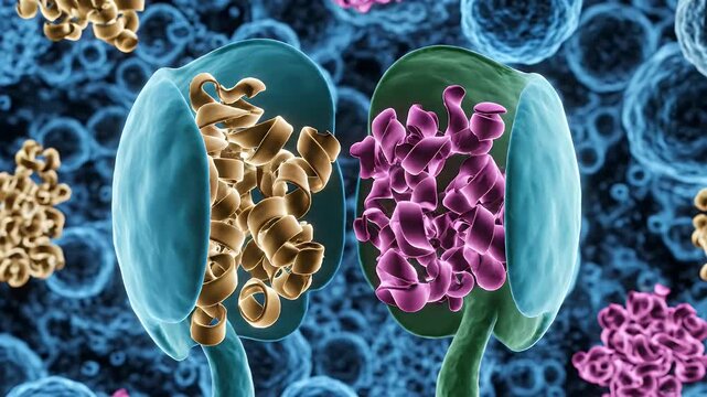 Detailed 3D Animation Of Complex Protein Structures Folding And Interacting Against Blue Cellular Background