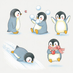 Obraz premium Adorable penguins playing in winter wonderland with bubbles and hot chocolate