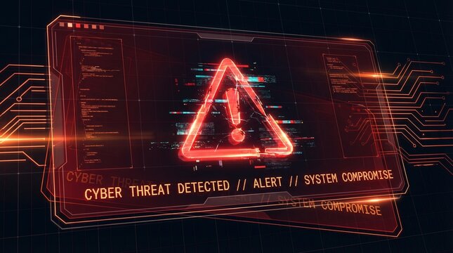 Cybersecurity Alert: A futuristic display vividly highlights a critical cyber threat detection, issuing a stern alert with system compromise warnings.
