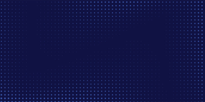 Digital glowing pixels matrix pattern on dark blue background. Abstract backdrop of glittering dots for FinTech presentation.