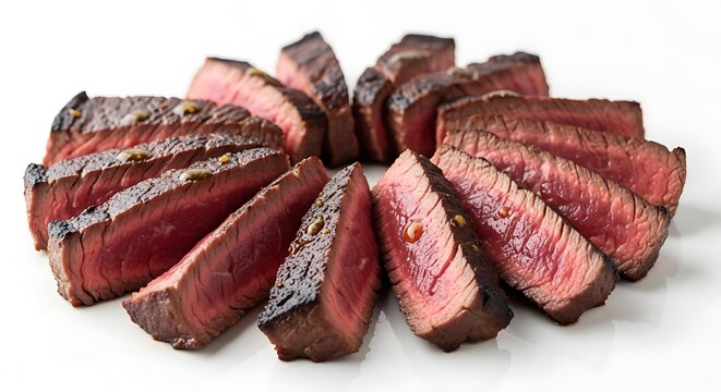 Sliced grilled steak arranged in a circular pattern, showing pink interior