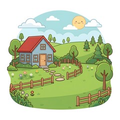 Fototapeta premium Country House Color Illustration – Cute Rural Home Cartoon Clipart for Kids Education