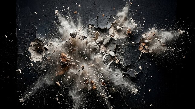 Dramatic explosion of dark concrete wall with flying debris and dust clouds
