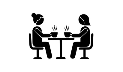 Fototapeta premium Minimalist coffee meeting icon with two people sitting at table drinking hot beverages flat vector illustration