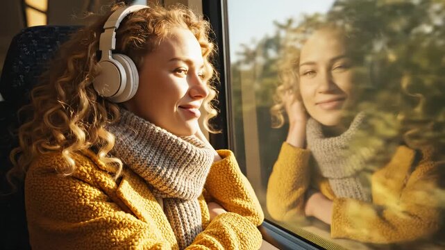 Woman with headphones on train for environmental projects, nature documentaries, and commercials