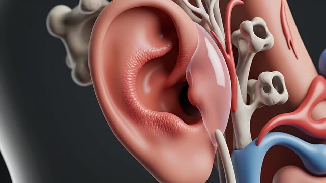 Detailed 3D CGI Visualization of Human Middle Ear Anatomy Showing Eardrum Pressure Imbalance and Ossicles Medical Educational