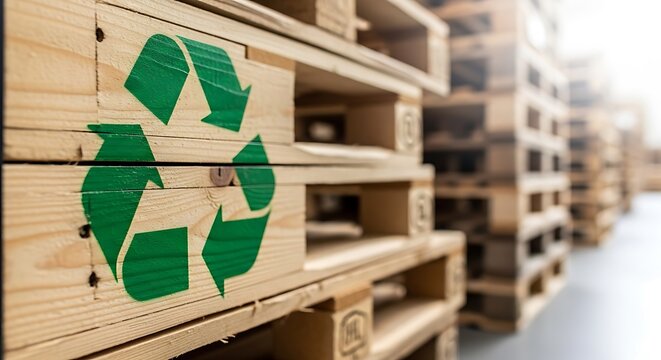 Stacked wooden pallets, marked with a green recycling symbol, in a warehouse setting