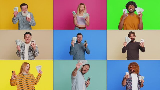 Collage of happy rich people men women using smartphone rejoicing win, receiving money dollar cash, celebrating success victory play lottery casino game online application, loan quick transaction.