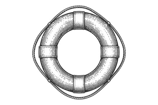 Marine life ring vector illustration in hand drawn vintage woodcut style, safety float icon for nautical theme and maritime rescue equipment design.