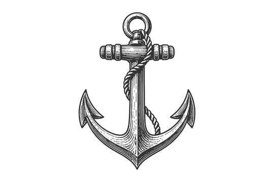 Classic maritime anchor vector illustration in hand drawn engraving style, vintage navy symbol icon with rope for nautical and marine design.