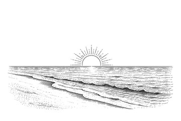 Serene sunset over the ocean horizon with beach shore in vintage engraving style vector illustration for summer evening and retro coastal travel themes © Chairul
