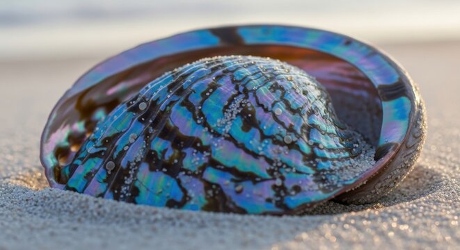Close-up of a shimmering iridescent abalone shell with intricate patterns resting on fine sand