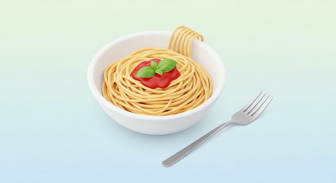 A delicious bowl of spaghetti pasta topped with fresh tomato sauce and green basil leaves next to a fork