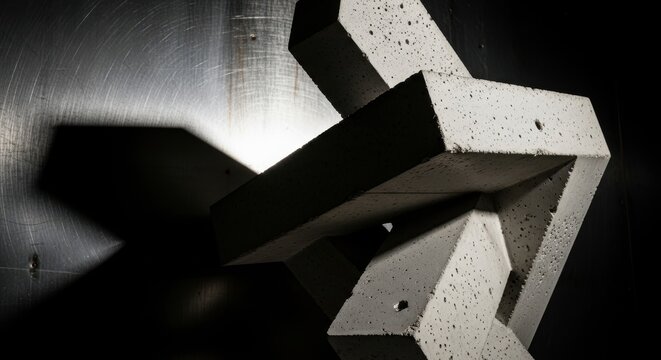 Minimalist concrete geometric sculpture with industrial textures and dramatic shadows