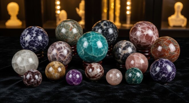 Collection of Polished Semi-Precious Stone Spheres Showcasing Earth's Natural Beauty and Energetic Properties