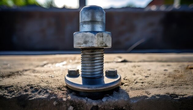 Detailed close-up of a large, robust metal bolt and nut assembly secured to a concrete surface in an industrial setting