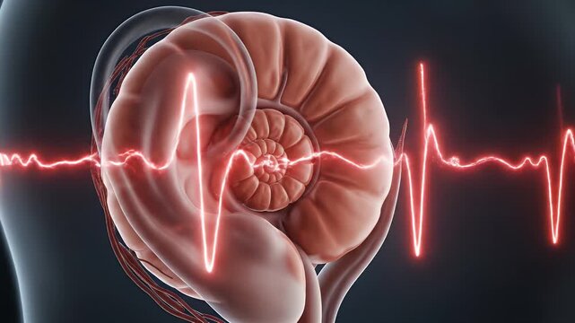 Detailed 3D Medical Animation of Human Inner Ear Cochlea Showing Auditory Nerve Pathways with Soundwave Visualization