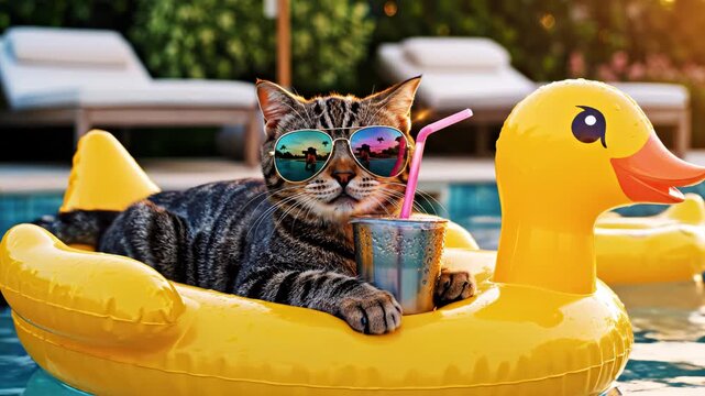 Cat on inflatable duck in pool for environmental projects, nature documentaries, and commercials