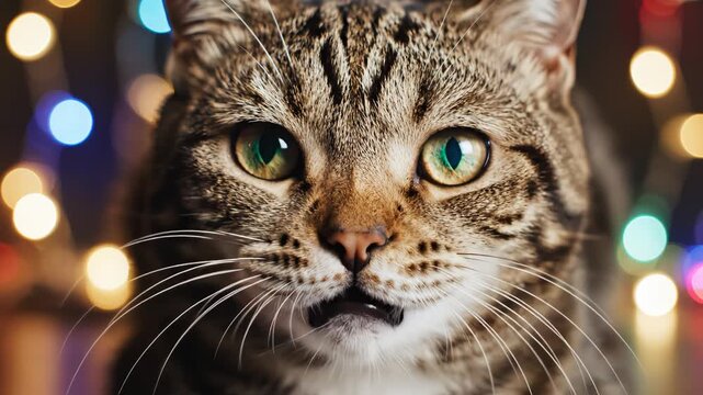 Closeup of a tabby cat with green eyes for commercial backgrounds, digital design, and advertising