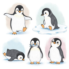 Obraz premium Adorable cartoon penguins in various playful poses and colors