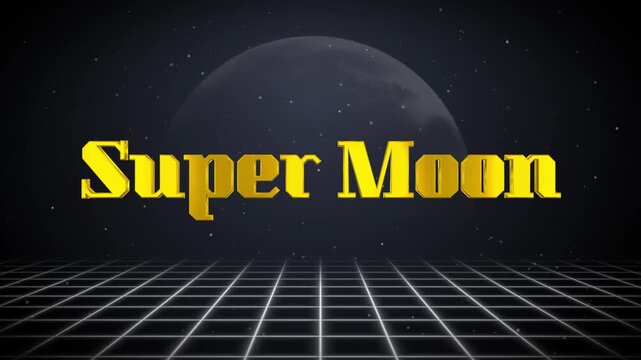 Retro styled super moon text animation with grid and stars on dark background