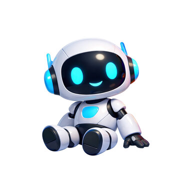 Cute small 3D robot character sitting down, friendly white and blue AI chatbot mascot with glowing eyes, futuristic technology assistant isolated on transparent background.