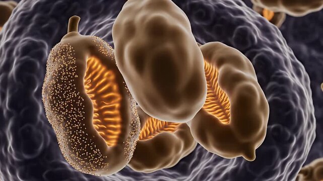 Detailed 3D Render Of Biological Mitochondria With Inner Cristae Visible In Dark Blue Cellular Environment