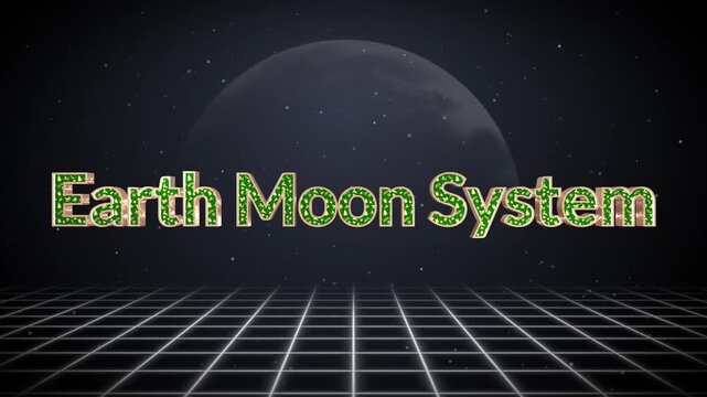 Glowing grid and moon system animation with earth moon text overlay in space