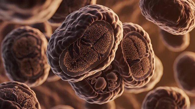 Detailed 3D Render Of Healthy Mitochondria Cell Showing Inner Structure And Energy Production In Warm Tones