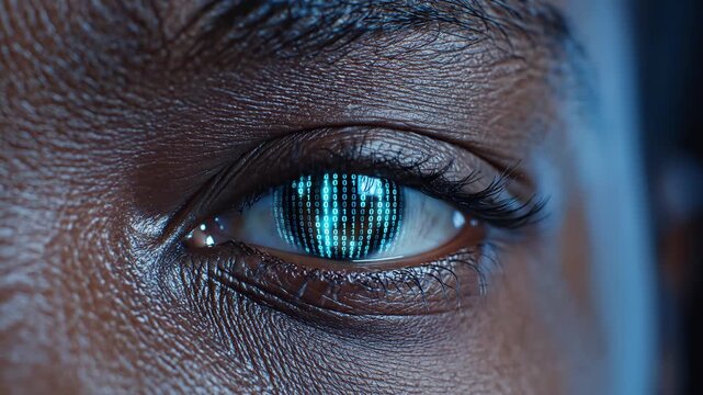 Closeup of human eye with digital binary code for commercial backgrounds, digital design, and advertising