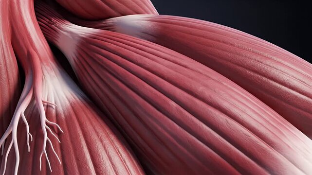 Detailed 3D Render of Healthy Red Muscle Fibers with Tendons and Nerves Dark Background Scientific Medical Concept