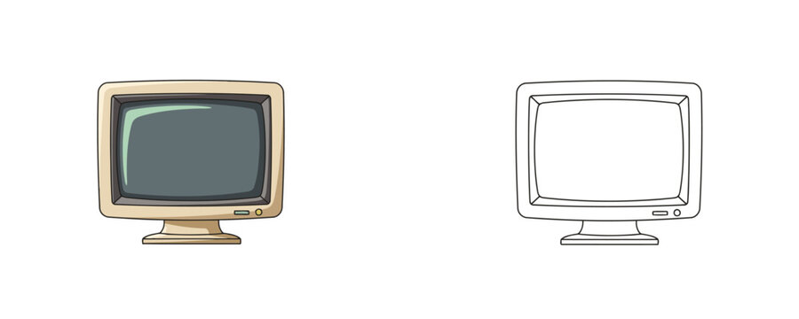 Old CRT computer monitor in cartoon and line art style beige and grey colors representing retro technology and vintage office equipment for computing nostalgia on white background