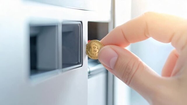 Hand inserting golden Bitcoin coin into a digital payment machine