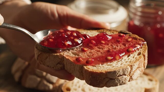 Bread with jam on spoon for commercial backgrounds, digital design, and advertising