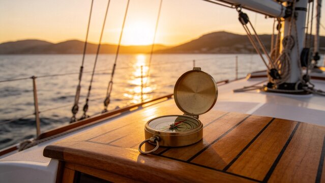Compass on boat at sunset