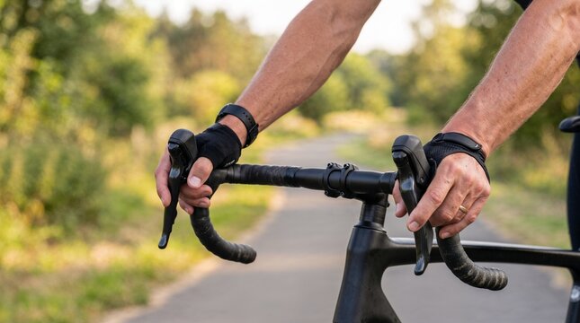 Close-up of cyclist's hands on bike handlebars.