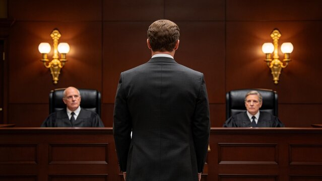 Man in court facing judges