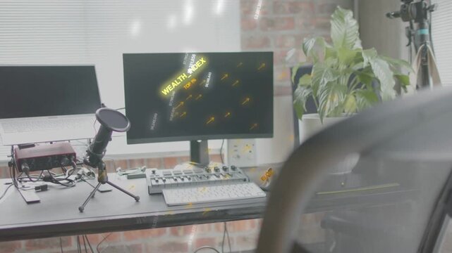 Desk monitor and mic waking, showing WEALTH_INDEX, markers drifting, mic tilting aiding designers