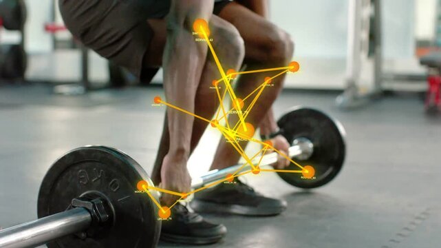 Man performing deadlift starting lift node network growing and tracking joints and bar for fitness