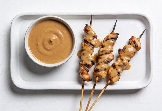 Three grilled chicken skewers are drizzled with creamy peanut sauce and served on a minimalist white tray alongside a small bowl of dipping sauce.