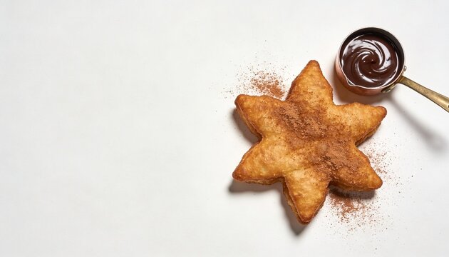 A star-shaped golden-brown pastry dusted with cinnamon sugar sits beside a small copper pot of glossy chocolate dipping sauce on a clean white surface.